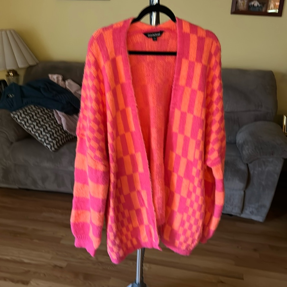 Davi & Dani heavy long-sleeve neon orange & pink checked cardigan